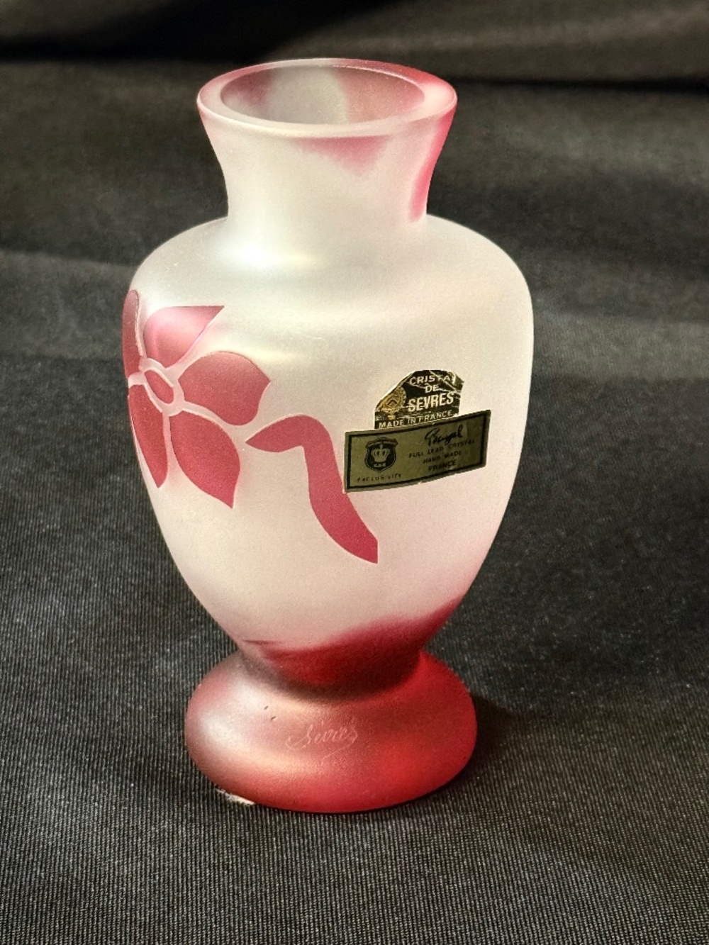 Sevres France Signed Bayel Crystal Glass Cameo Floral Vase with Original Sticker